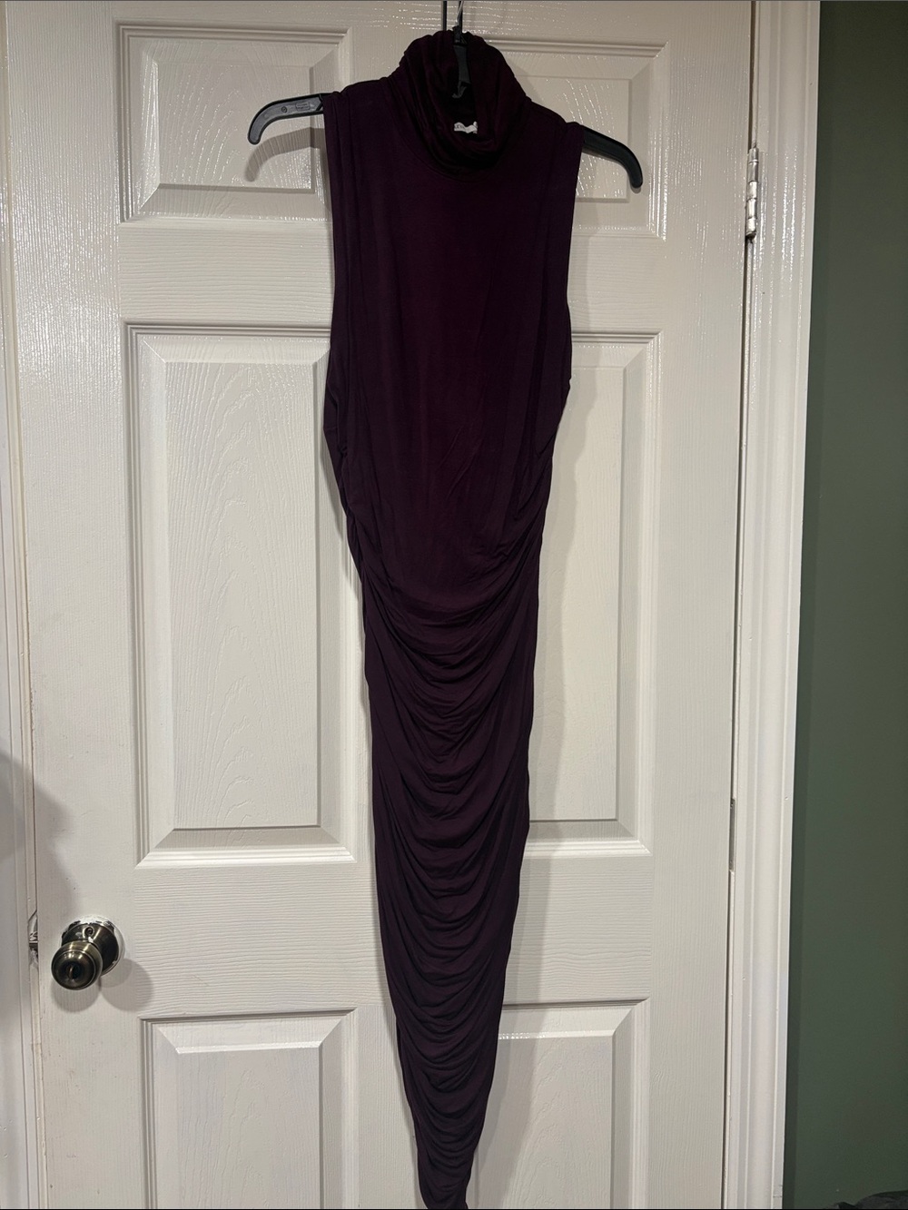 Bailey 44 Sleeveless Asymmetrical Ruched Turtleneck Dress in Plum
